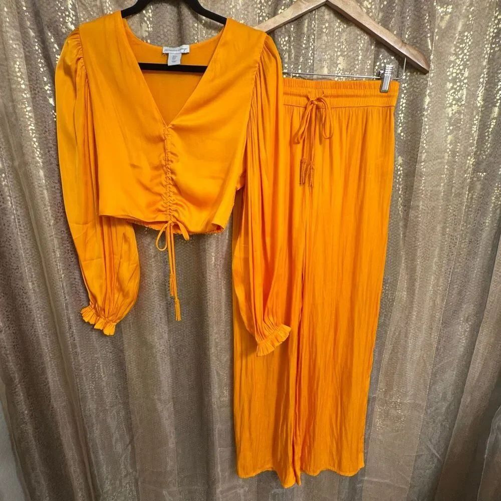 Cupcakes and Cashmere Yellow Orange Satin Blouse Palazzo Pants Set Small
